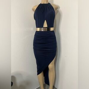 ABYSS by Abby Navy Blue Halter Cutout Ruched Asymmetrical Midi Dress Size M